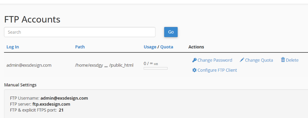 a screenshot showing a new FTP account for my exsdesign.com domain