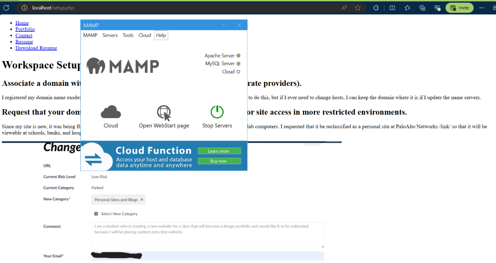 an image that shows MAMP's start screen open and running in front of a browser window that has a page open at localhost