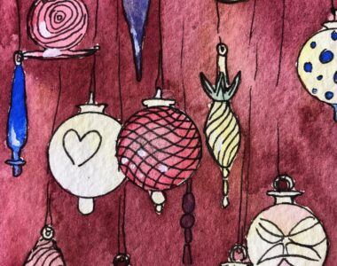 Ornaments on Red - Watercolor